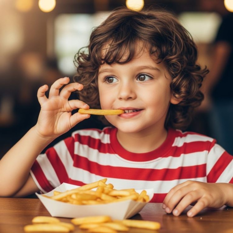طفل يأكل بطاطس مقرمشة