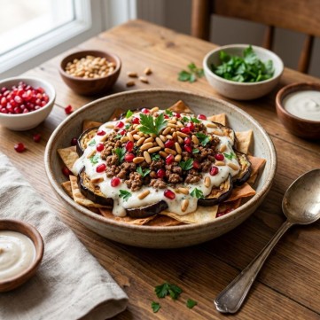 فتة الباذنجان بالزبادي والطحينة